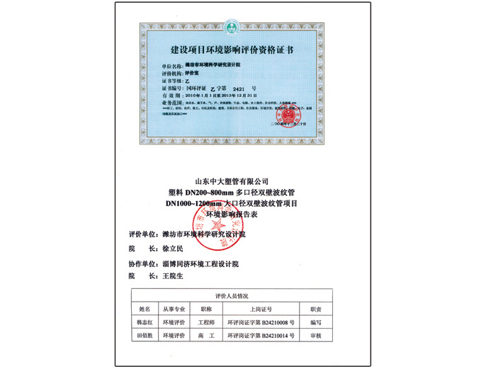 建设项目环境影响评价资格证书